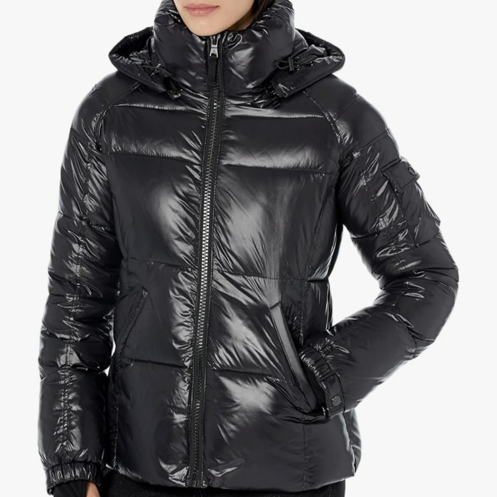 S13 Kylie Glossy Black Puffer Coat Jacket Fleece Cuffs Stand Collar Full Zip